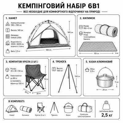     Набір для кемпінгу та риболовлі 6в1 з автоматичним наметом і казаном №0