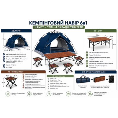 Кемпінговий набір 6в1: автоматичний намет 190×190 см, туристичний стіл 95 см та 4 складні табурети №0