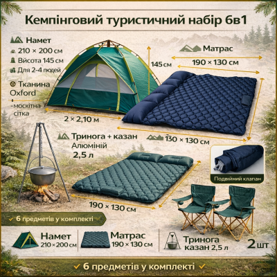 Кемпінговий набір 6в1 для туризму: палатка 210×200, матрац 190×130, тринога, казан 2,5 л та 2 крісла №0