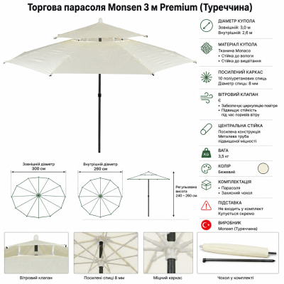 Посилена торгова парасолька Monsen 3 м | Антивітер Standart+ | Поліуретанові спиці Чохол у комплекті  №0