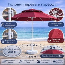 Зонт 3 м с металлическим каркасом и тканью Oxford 170 г/м², защита от дождя.