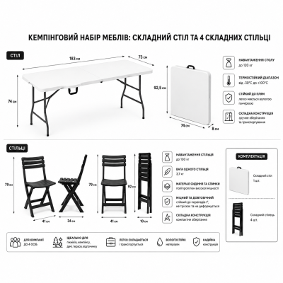Кемпінговий комплект Travel Table Set — складний стіл HDPE 180 см та 4 туристичних крісел №0