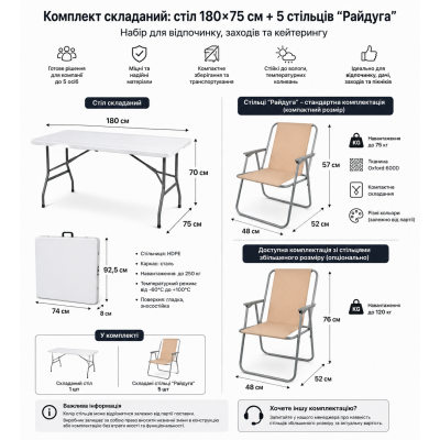 Профессиональный набор: складной стол 180 см + 5 стульев для кейтеринга, мероприятий и отдыха (HDPE) №0
