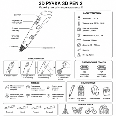 Детская 3D-ручка 3D PEN 2 с цветным пластиком для объемного рисования и развития творческих навыков №0