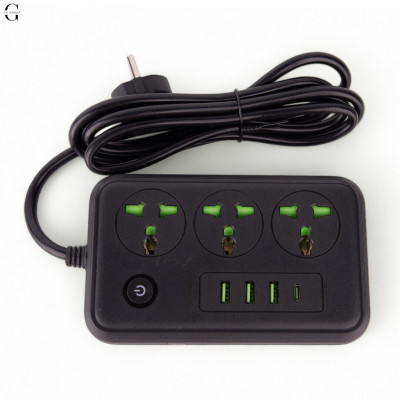 Удлинитель электрический (3×220В+3×USB+1×Type-C), QL-1074U, Черный 2m №0