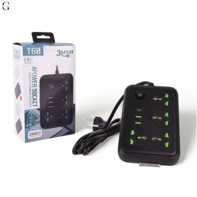 Сетевой фильтр Удлинитель USB Т-60 (4×220В+2×USB+1×Type-C), , Черный 2m №2