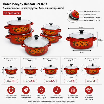Набір посуду Benson BN-079: 5 емальованих каструль і 5 скляних кришок, 10 предметів №0