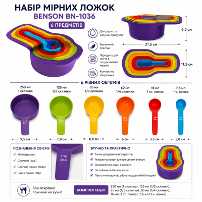 Мірні ложки Benson BN-1036, набір із 6 предметів для сипучих та рідких інгредієнтів №0
