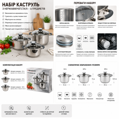 Кухонний набір каструль Benson BN-190, 3 предмети з кришками, об’єм 2,1–3,9 л №0