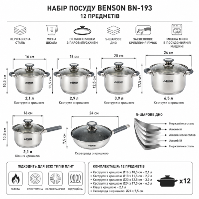 Кухонный набор кастрюль Benson BN-193 из нержавеющей стали, 12 предметов, для всех типов плит №0