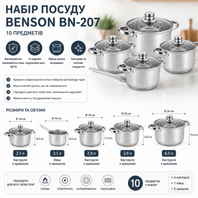 Кухонный набор посуды Benson BN-207 из нержавеющей стали, 10 предметов, 2,1–6,5 л №0