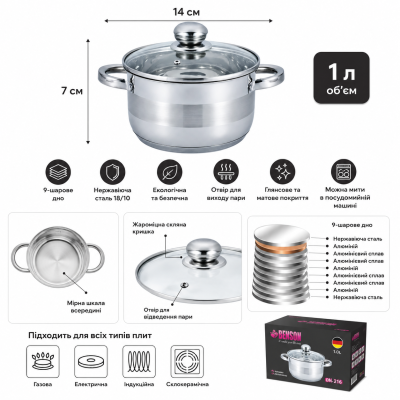 Кастрюля Benson BN-216 1 л со стеклянной крышкой и металлическими ручками для кухни №0