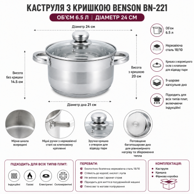Кастрюля Benson BN-221 6,5 л из нержавеющей стали со стеклянной крышкой и металлическими ручками №0