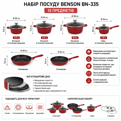 Комплект кастрюль и сковород Benson BN-335 с мраморным покрытием и крышками №0