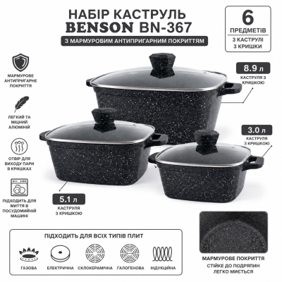 Кухонный набор кастрюль Benson BN-367 с мраморным покрытием для приготовления пищи №0