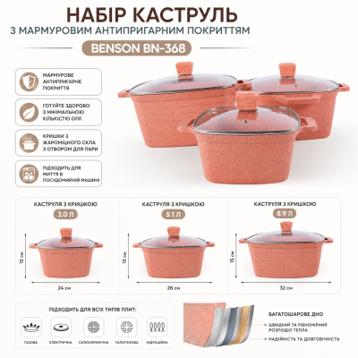 Комплект каструль Benson BN-368 з антипригарним мармуровим покриттям для приготування страв №0
