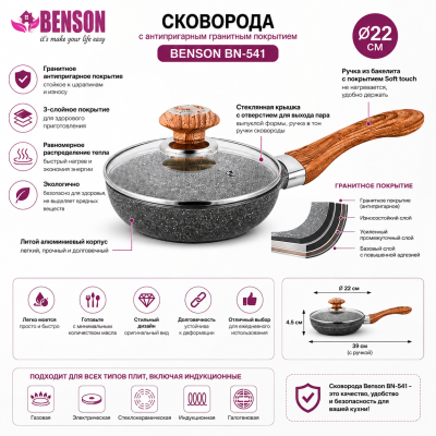 Гранітна сковорода Benson BN-541 22 см зі скляною кришкою та антипригарним покриттям №0