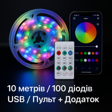 Світлодіодна гірлянда-стрічка RGB — 10 метрів, 100 діодів, USB (без адаптера), пульт + мобільний додаток