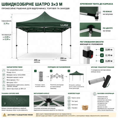 Шатро розсувне посилене для саду 3х3 м 420D тент HP-JW-16 №0