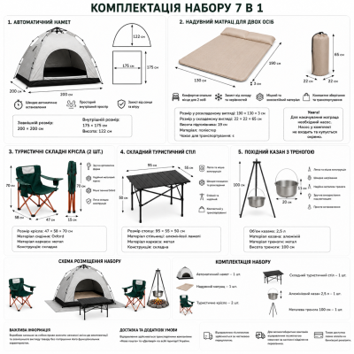     Набір для відпочинку на природі 7 в 1 з наметом, матрацом, столом, кріслами та казаном №0
