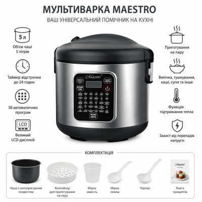 Мультиварка Maestro 6 л 900 Вт с таймером, функцией поддержания тепла и отложенным стартом №0