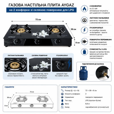 Портативна газова плита Aygaz 2-конфоркова з латунними пальниками та скляною поверхнею №0