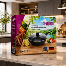 Глубокая сковорода Benson BN-518 24×7 см с крышкой и стойким гранитным покрытием