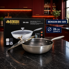 Сковорода глубокая WOK из нержавеющей стали с антипригарным покрытием Benson BN-589 Ø26см