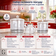 Скляний набір посуду з жароміцного скла 3 предмети з кришками для плити, духовки та мікрохвильової печі