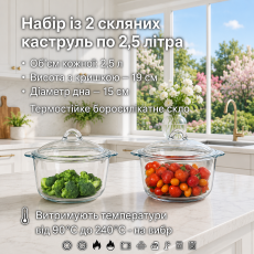 Комплект скляних каструль 2×2,5 л із термостійкого боросилікатного скла для плити та духовки