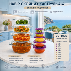 Набор стеклянных кастрюль 4+4 для плит и духовок. 