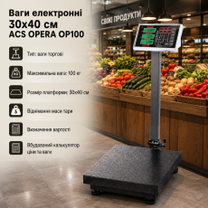 Електронні торгові ваги ACS OPERA OP100 до 100 кг, платформа 30×40 см, функція тари
