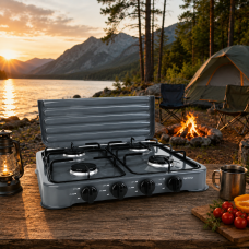 Настільна газова плита Rainberg SGS-6004 на 4 конфорки, 4,4 кВт, з кришкою, для балонного газу та відпочинку на природі