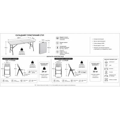 Кемпінговий комплект Travel Table Set — складний стіл HDPE 180 см та 6 туристичних крісел №0