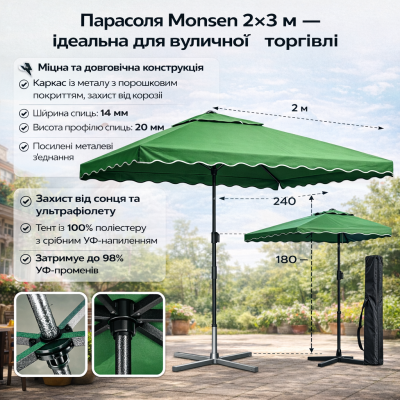 Прямокутна парасоля 2×3 м для ринку та вуличної торгівлі, стійка конструкція, вага 3.5 кг №0