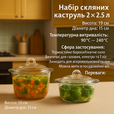 Комплект скляних каструль 2×2,5 л із термостійкого боросилікатного скла для плити та духовки №2