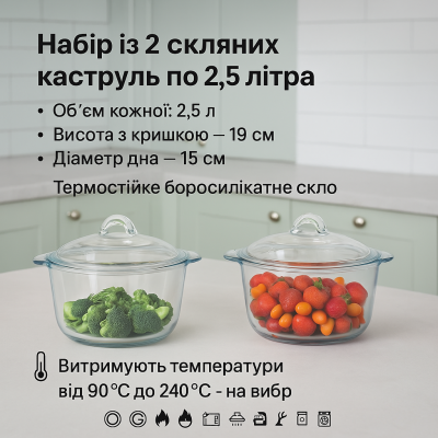 Комплект скляних каструль 2×2,5 л із термостійкого боросилікатного скла для плити та духовки №0