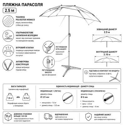 Усиленный зонтик рыбацкий 2,5 м – ветроустойчивый, с чехлом и полным комплектом. №0