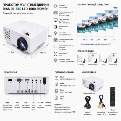 LED-проєктор RIAS DL-810 White з яскравою проєкцією для дому та офісу №0