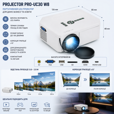 Портативный видеопроектор Projector PRO-UC30 W8 с яркой проекцией для дома и офиса №0
