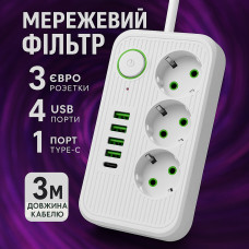 Удлинитель электрический (3×220В+4×USB+1×Type-C), QL-1074U, Белый 3m