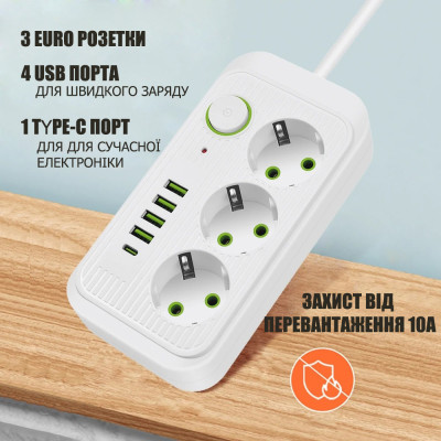 Сетевой фильтр Удлинитель с USB (3×220В+4×USB+1×Type-C), QL-1074U, Черный 3m №2
