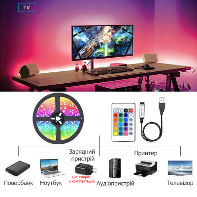 Светодиодная лента 5050 RGB – 16 цветов, IP65, 55 люмен, 9000 часов работы от USB 5V с Bluetooth и мобильным приложением №1