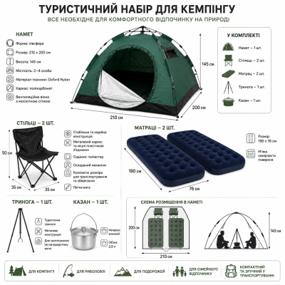 Кемпинговый набор 6в1 для туризма: палатка 210×200, матрас , тренога, котел 2,5л и 2 кресла. №0
