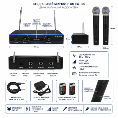  Радіосистема DM EW-100 з двома бездротовими мікрофонами для караоке, концертів і заходів №0