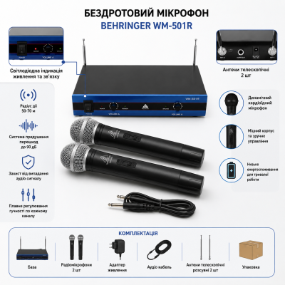 Радиомикрофонная система Behringer WM-501R, 2 беспроводных микрофона, стабильный сигнал для выступлений и мероприятий №0