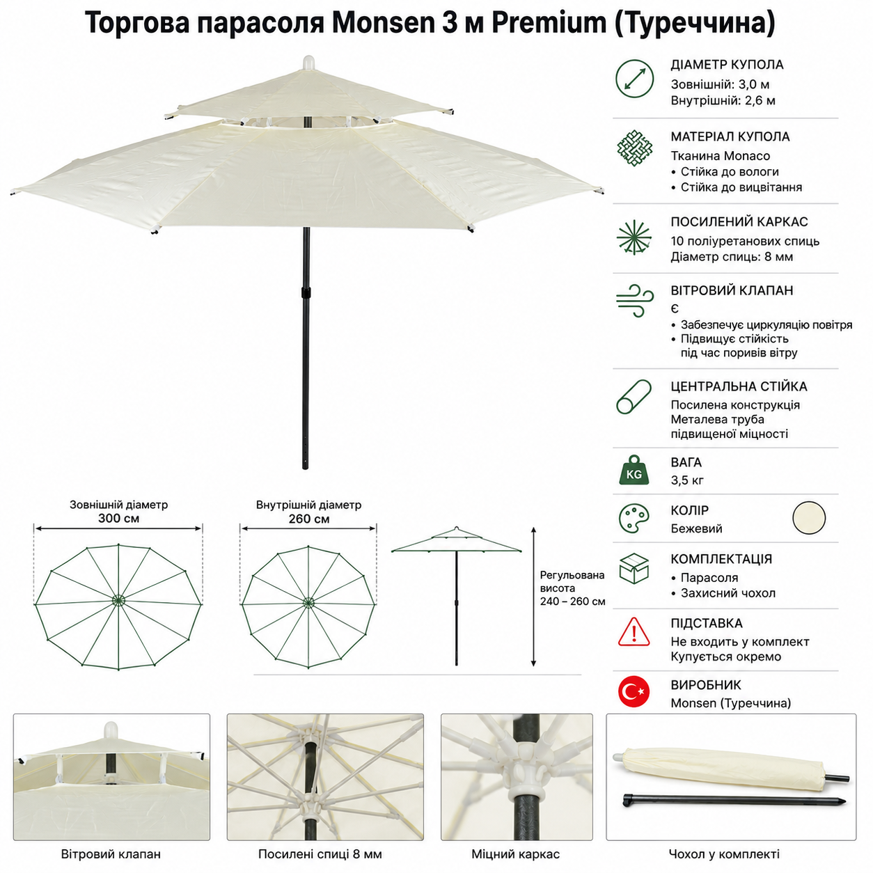 Посилена торгова парасолька Monsen 3 м | Антивітер Standart+ | Поліуретанові спиці Чохол у комплекті 