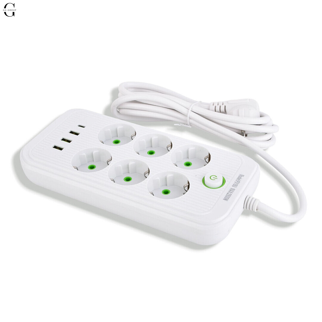 Удлинитель сетевой ТК-5 F06u 3м 6 розеток + 3USB + 1 Type-C, 2500Вт, белый, с защитой и креплением