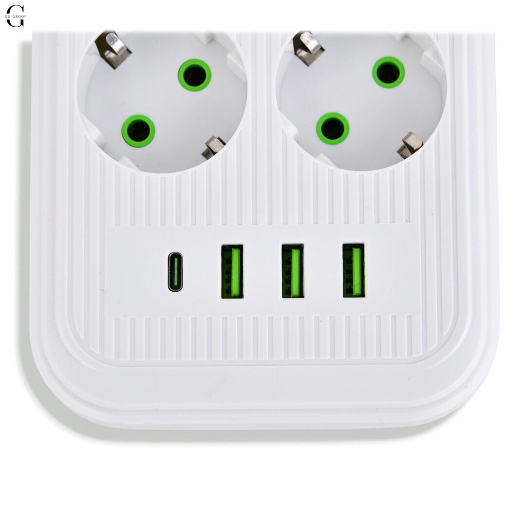 Удлинитель сетевой ТК-5 F06u 3м 6 розеток + 3USB + 1 Type-C, 2500Вт, белый, с защитой и креплением