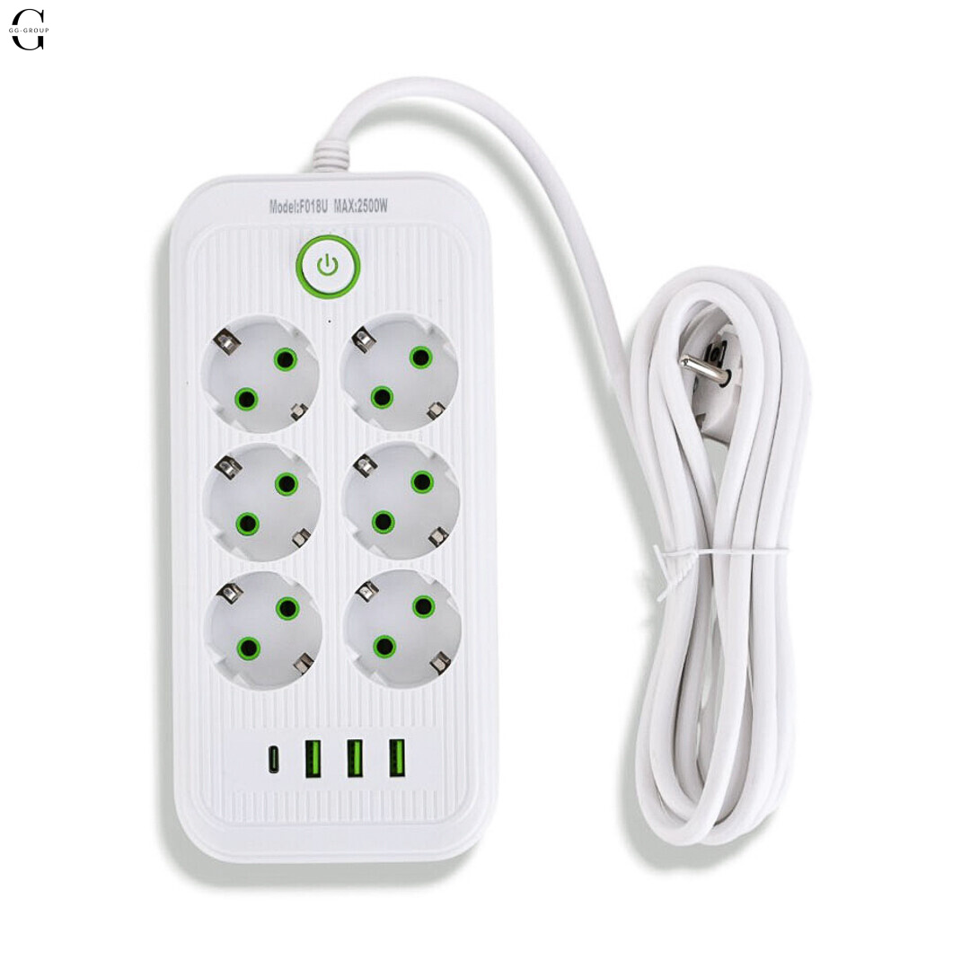 Удлинитель сетевой ТК-5 F06u 3м 6 розеток + 3USB + 1 Type-C, 2500Вт, белый, с защитой и креплением